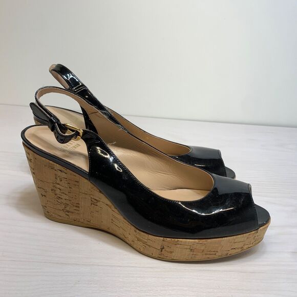 Stuart Weitzman Womens 11M Riveria Sandals Black Patent Leather Slingback Wedge - Picture 1 of 10